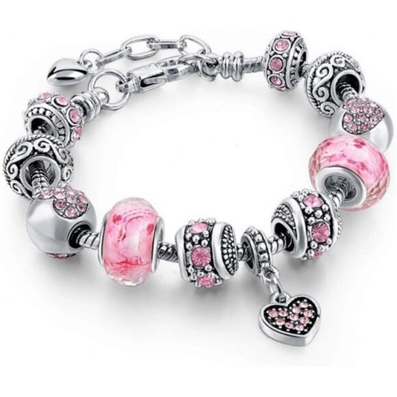 Charm Pink Hearts Silver Plated Charm Bracelet Set, - Picture 1 of 5
